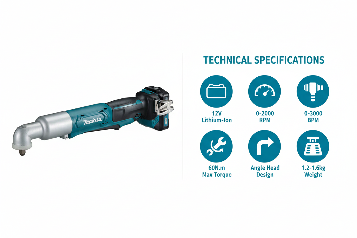 Makita TL065D Technical Specifications - 12V Power, 60N.m Torque, Angle Head