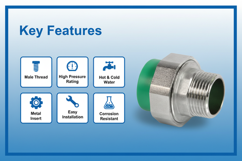 Features and benefits of PN-25 certified union male adaptor PPRc fitting