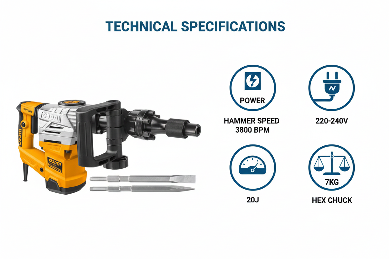 Ingco 1300W Technical Specifications - 1300W Power, 3800 BPM, 20J Impact Force