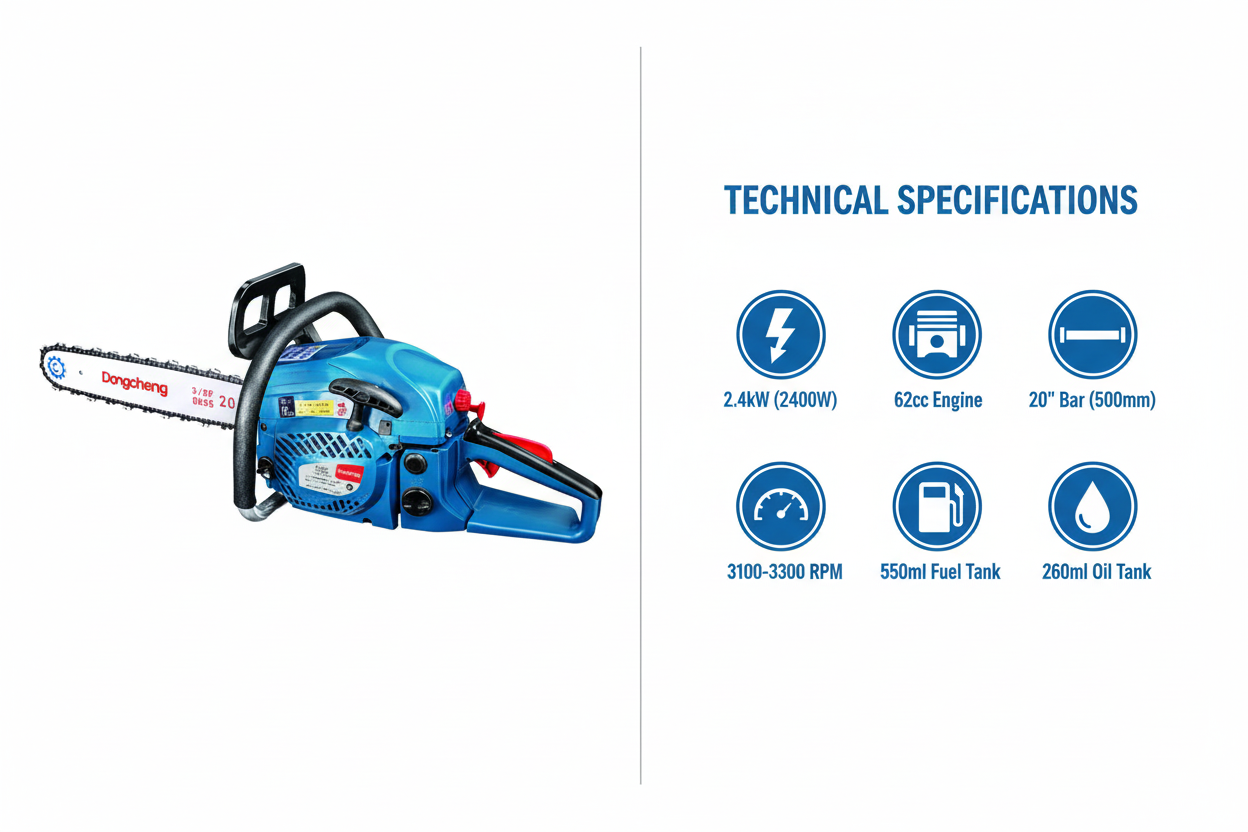 Dongcheng DYD54 Technical Specifications - 2.4kW Power, 62cc Engine, 20" Bar