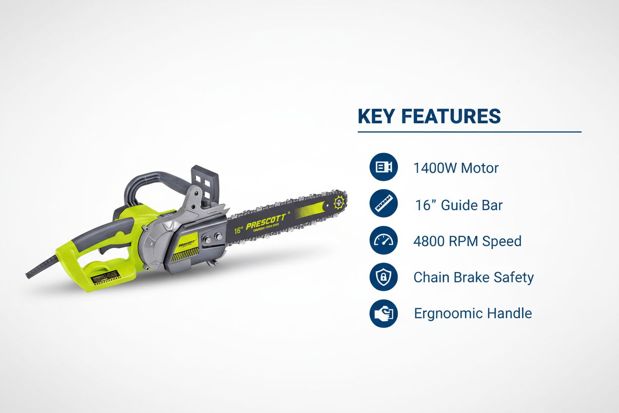 Prescott PT1140502 Features & Benefits - Powerful Motor, Chain Brake, Ergonomic Handle