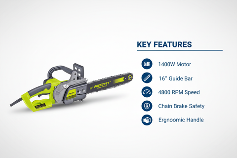 Prescott PT1140502 Features & Benefits - Powerful Motor, Chain Brake, Ergonomic Handle