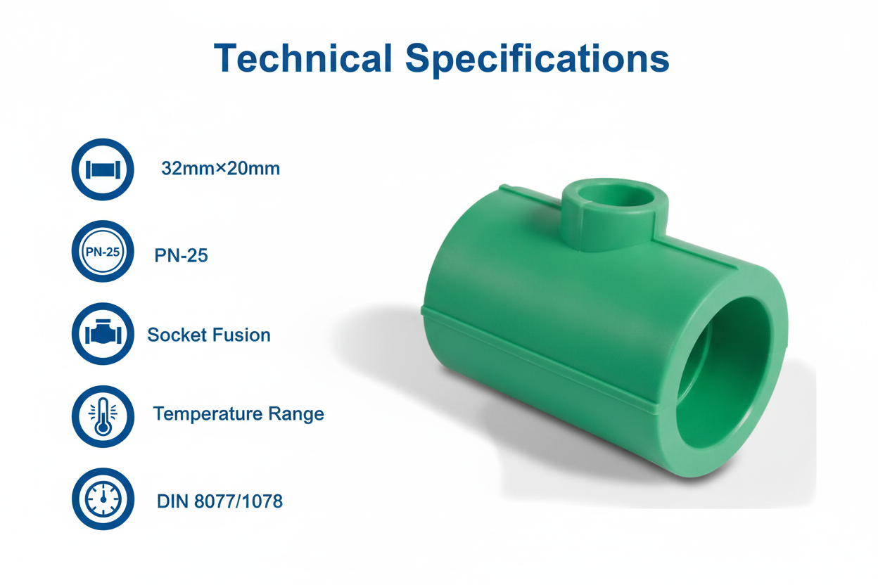 Technical specifications for reducing tee PPRc 32mm×20mm PN-25