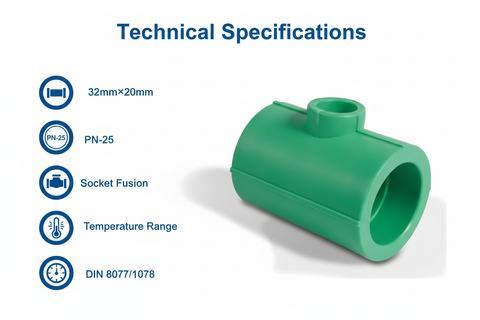 Technical specifications for reducing tee PPRc 32mm×20mm PN-25