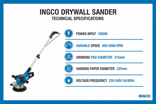 Ingco Drywall Sander Technical Specifications - 1050W, Variable Speed, 215mm