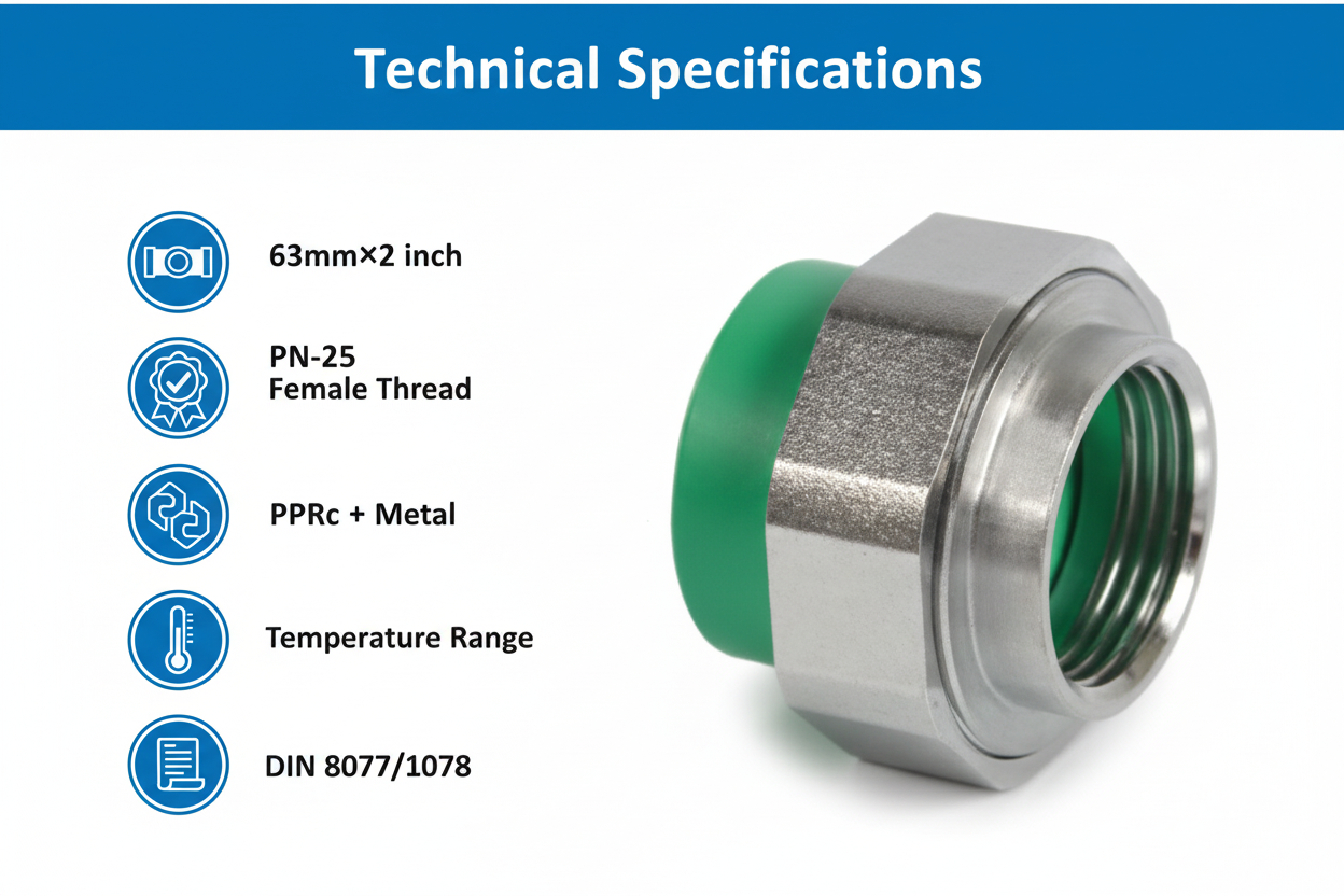 Technical specifications for union female adaptor PPRc 63mm×2" PN-25