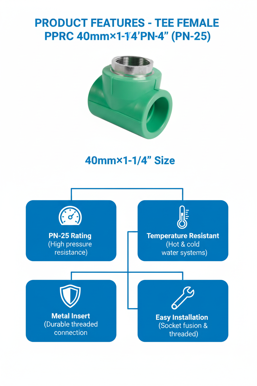 Tee Female PPRC PN-25 40mm×1-1/4 inch Product Features