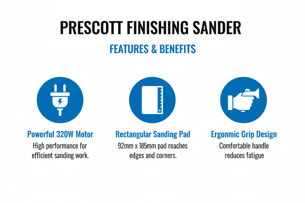 Prescott Sander Features - Powerful Motor, Rectangular Pad