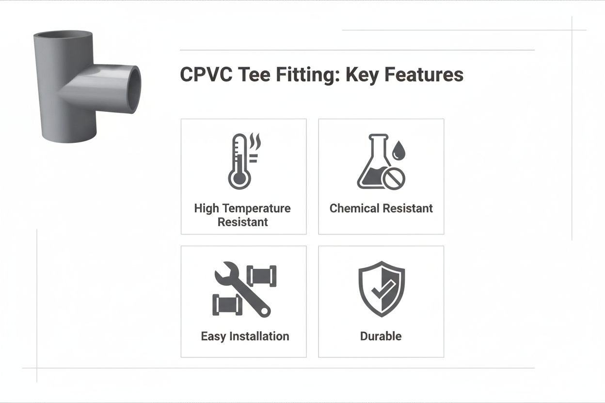 Gray CPVC Tee Features - High Temperature Resistant, Chemical Resistant, Easy Installation, Durable