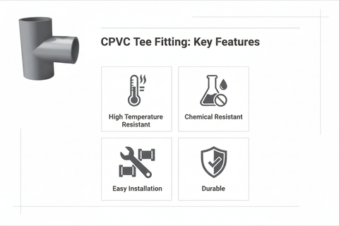 Gray CPVC Tee Features - High Temperature Resistant, Chemical Resistant, Easy Installation, Durable