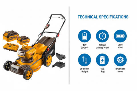 Ingco LMLI20186 Technical Specifications - 40V Power, 460mm Width, 60L Bag