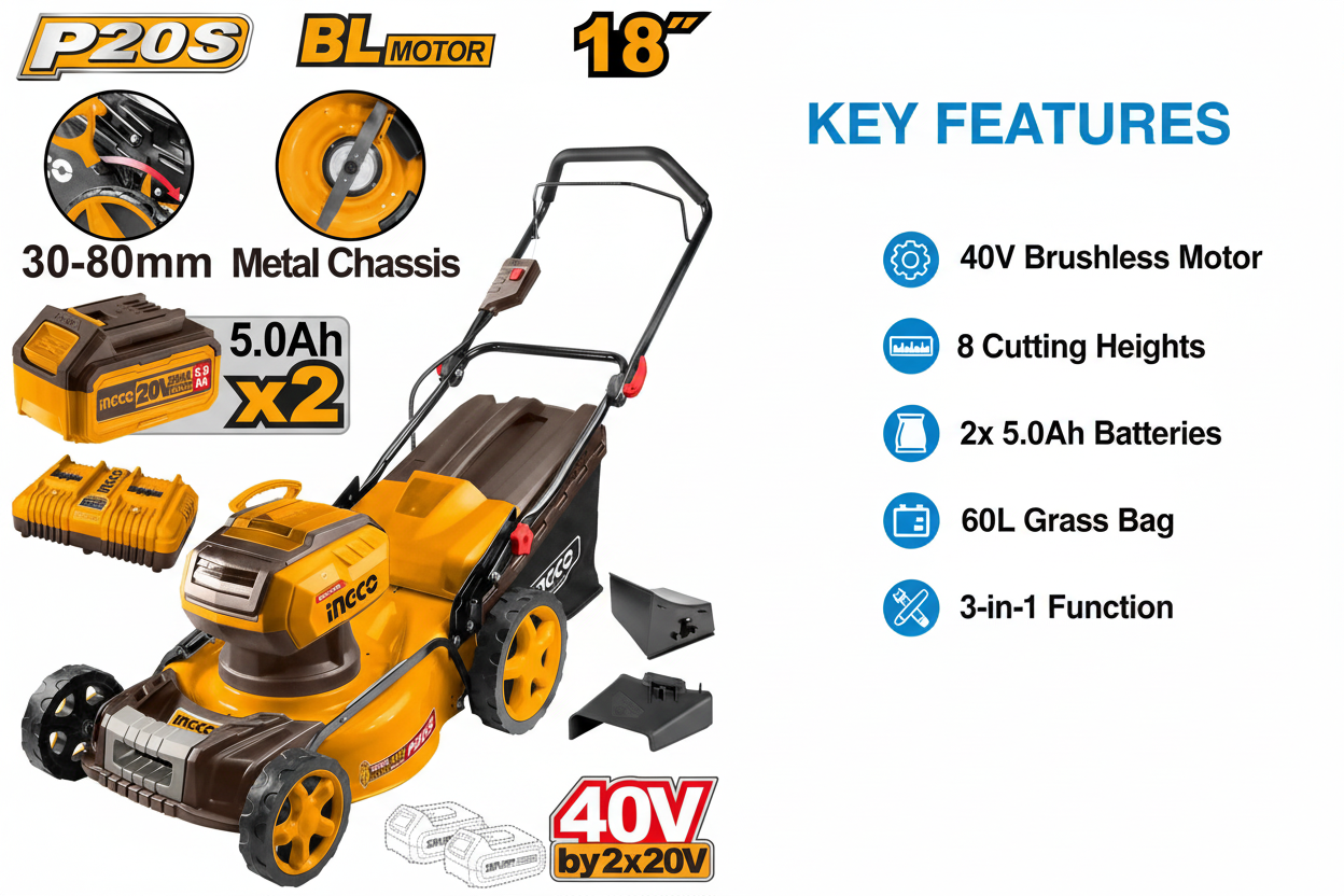 Ingco LMLI20186 Features & Benefits - Brushless Motor, 8 Heights, 2x 5.0Ah