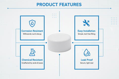White UPVC End Cap Features - Corrosion Resistant, Easy Installation, Chemical Resistant, Leak Proof