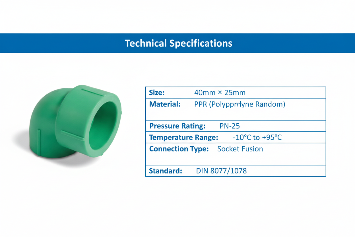 Technical specifications for reducing elbow PPRc 40mm×25mm PN-25