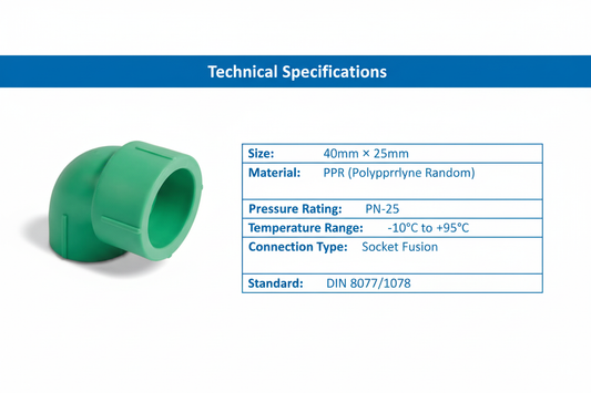 Technical specifications for reducing elbow PPRc 40mm×25mm PN-25