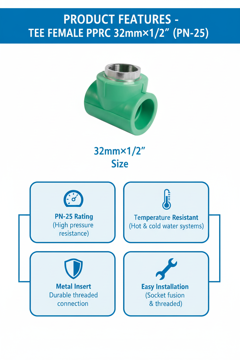 Tee Female PPRC PN-25 32mm×1/2 inch Product Features