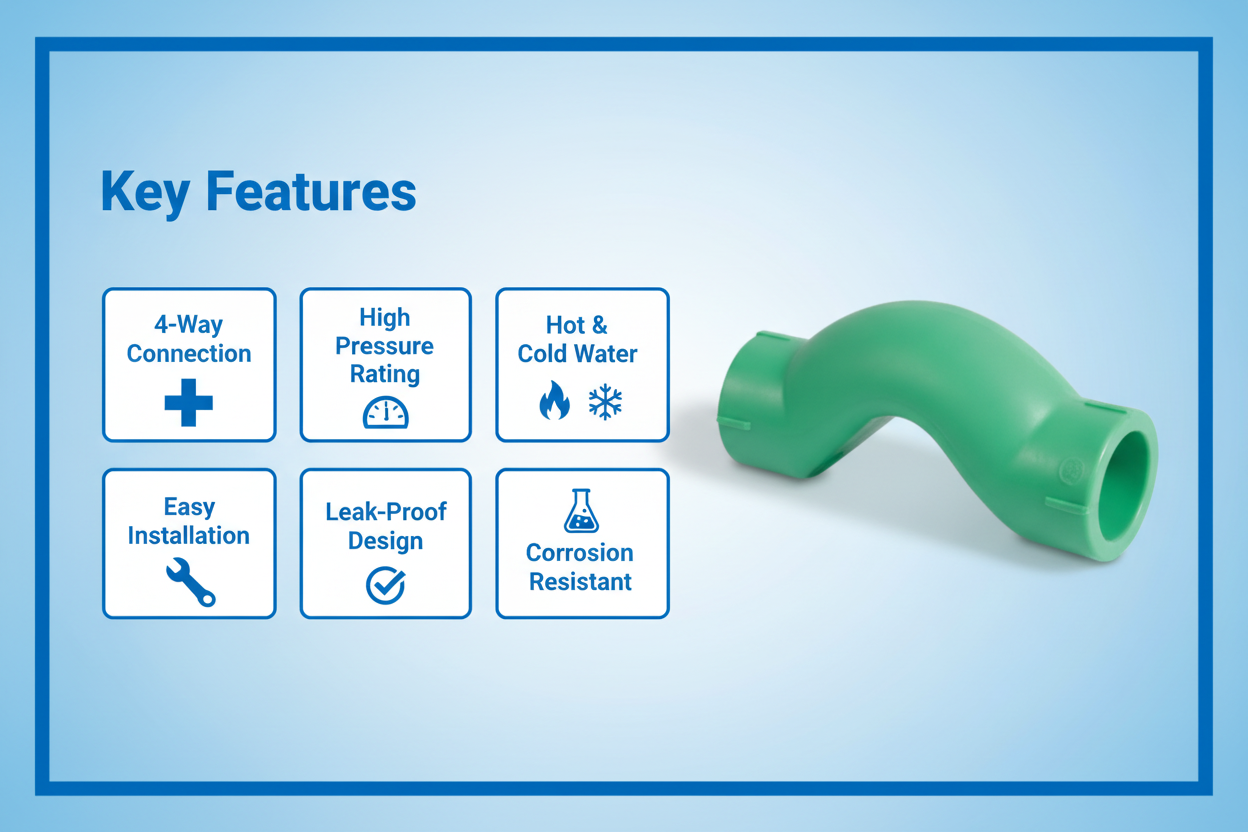 Cross Fitting Key Features - 4-way connection, high pressure, corrosion resistant