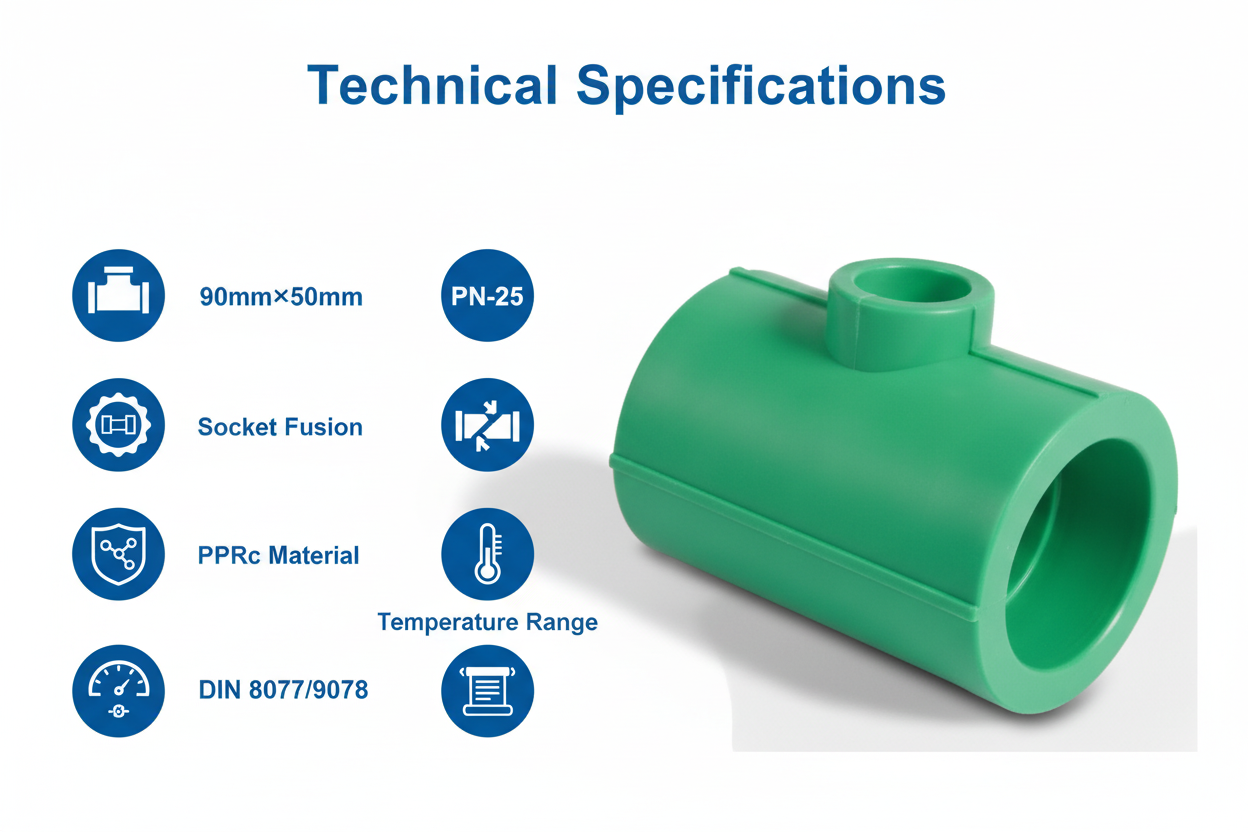 Technical specifications for reducing tee PPRc 90mm×50mm PN-25