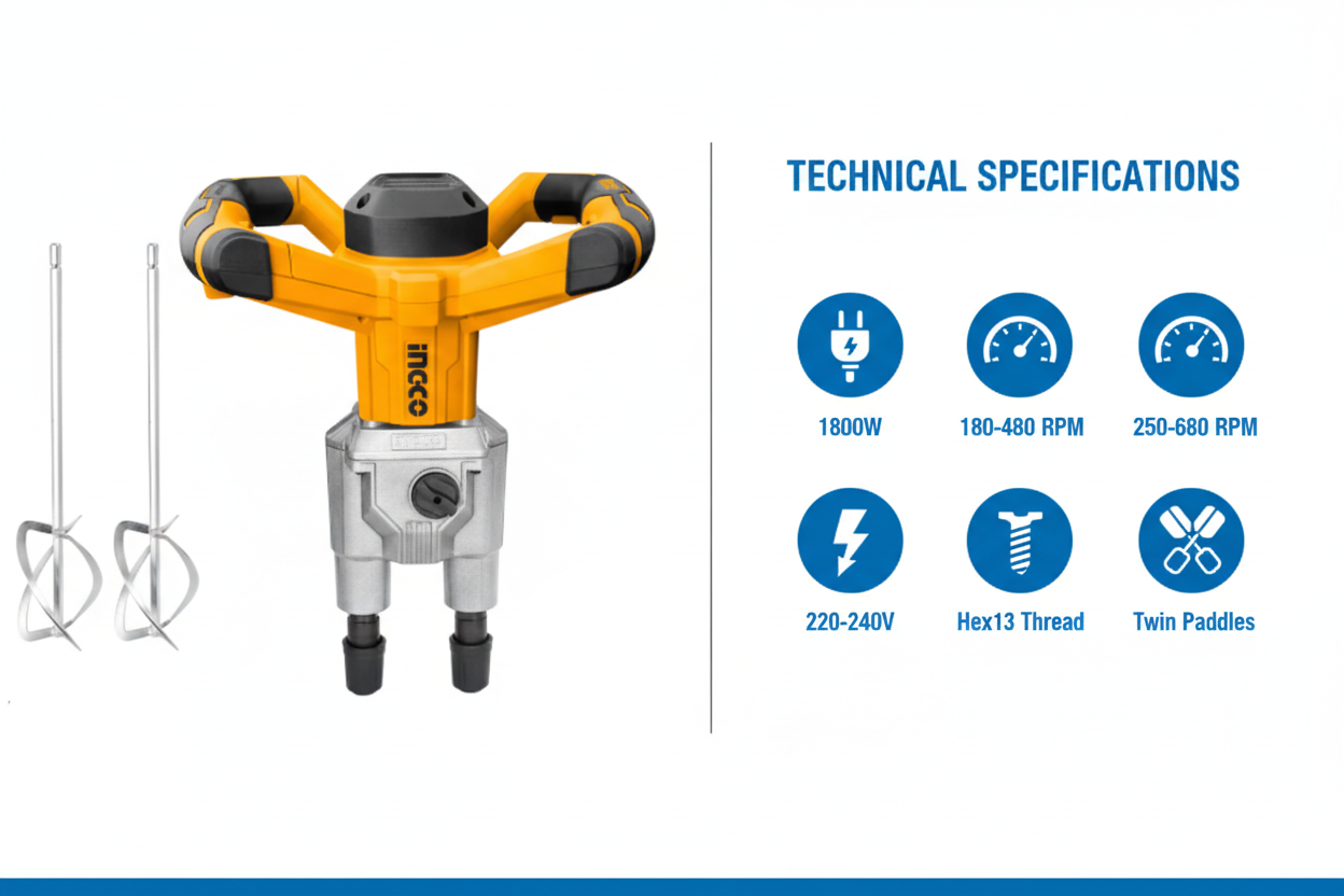 Ingco MX218008 Technical Specifications - 1800W Power, Dual Speed, Hex13 Thread, Twin Paddles