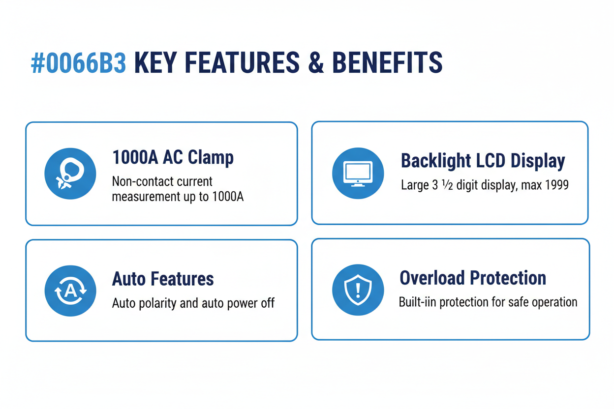 Key features - 1000A AC clamp, backlight LCD display, auto features, overload protection