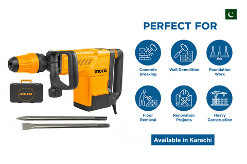 Ingco 1500W Applications - Concrete Breaking, Wall Demolition, Foundation Work, Heavy Construction
