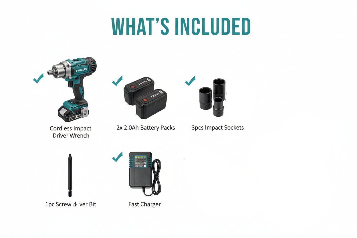 Ingco CIWLI20236 Package Contents - Impact Driver Wrench, 2 Batteries, Sockets