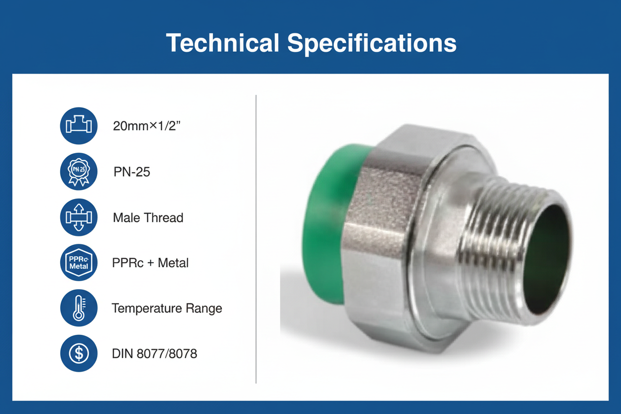 Technical specifications for union male adaptor PPRc 20mm×1/2" PN-25