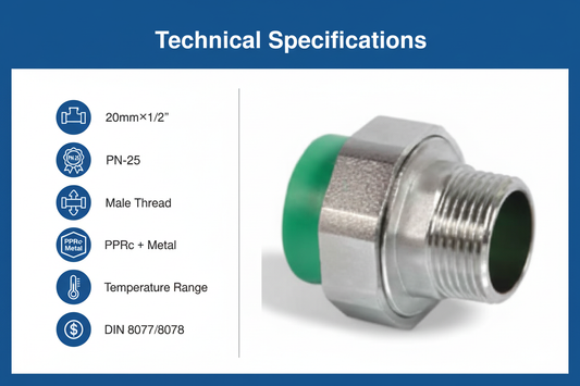 Technical specifications for union male adaptor PPRc 20mm×1/2" PN-25