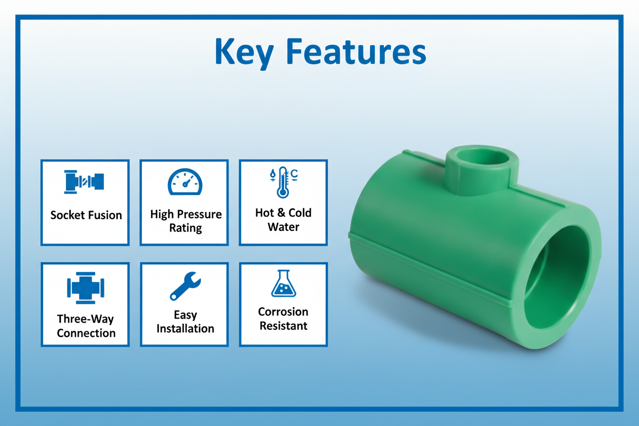 Features and benefits of PN-25 certified reducing tee PPRc fitting