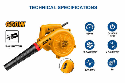 Ingco AB6038 Technical Specifications - 650W Power, 16000 RPM Speed, 4.0m³/min Airflow