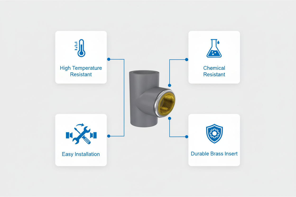 CPVC Brass Tee Features - High Temperature Resistant, Chemical Resistant, Easy Installation, Durable