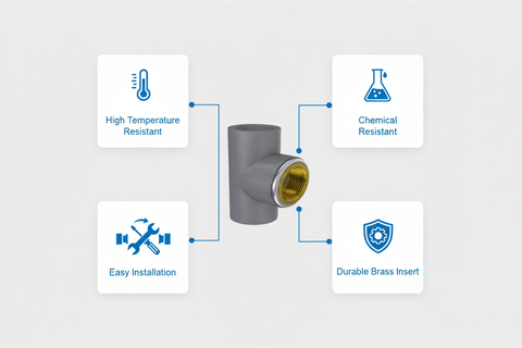 CPVC Brass Tee Features - High Temperature Resistant, Chemical Resistant, Easy Installation, Durable