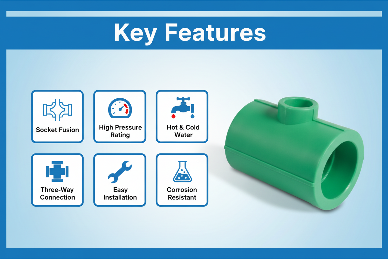 Features and benefits of PN-25 certified reducing tee PPRc fitting