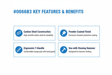 Key features - carbon steel construction, powder coated finish, ergonomic T-handle, use with stoning hammer