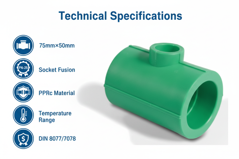 Technical specifications for reducing tee PPRc 75mm×50mm PN-25