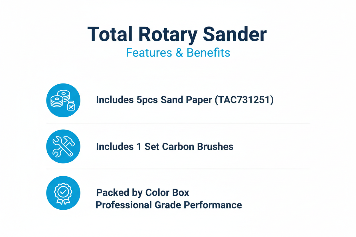 Total Rotary Sander Features - Includes 5pcs Sand Paper and Carbon Brushes