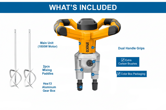 Ingco MX218008 Package Contents - Mixer, Twin Paddles, Carbon Brushes, Color Box
