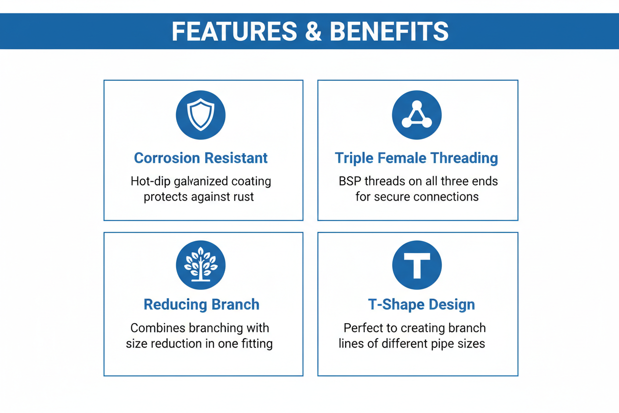 Features and benefits of G.I Fitting Reducer Tee - corrosion resistant, triple female threading, reducing branch, T-shape design
