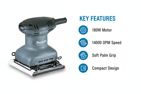 Makita M9200G Features & Benefits - Soft Palm Grip, Rocker Switch, Compact Design