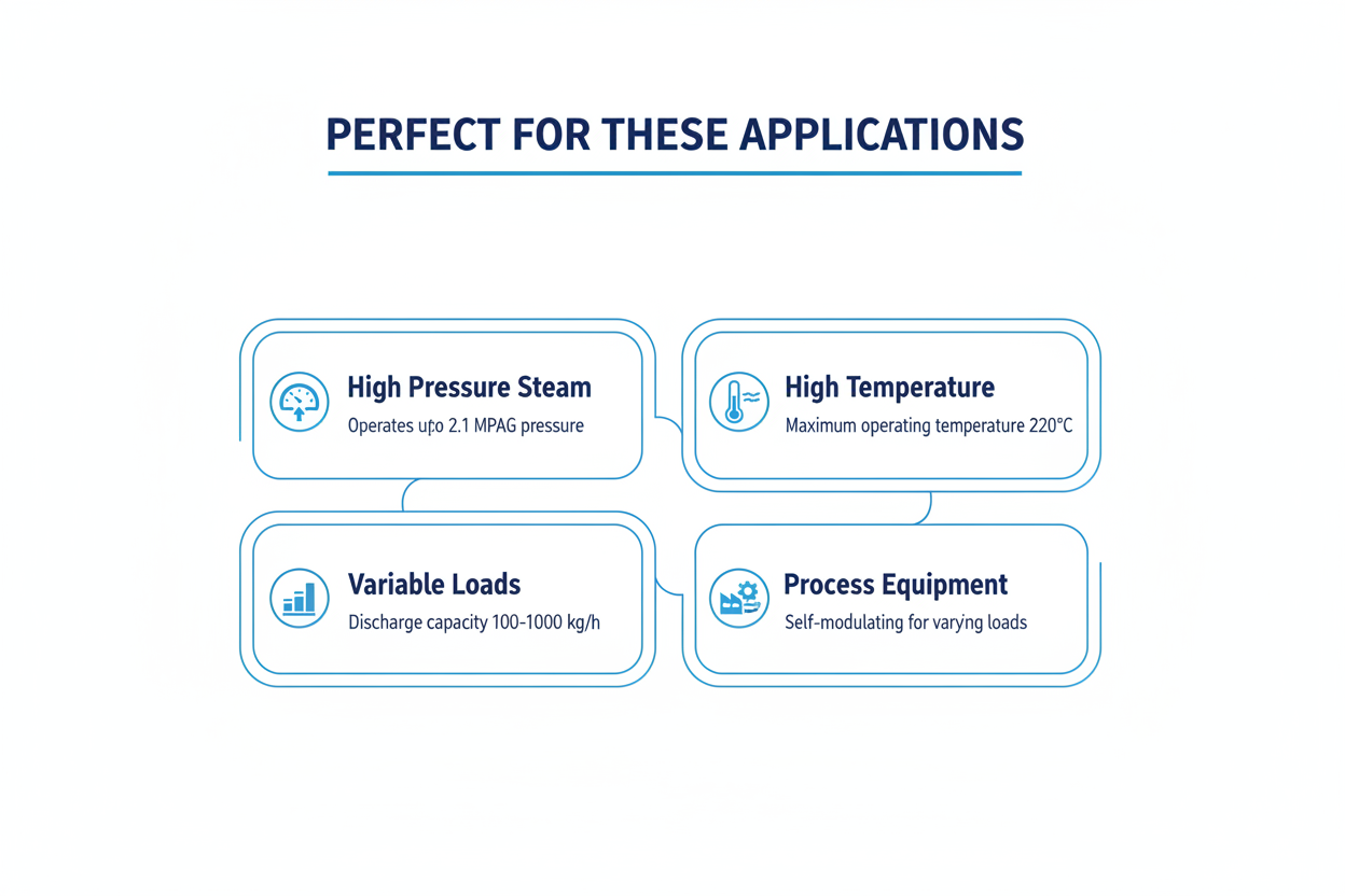 Applications - high pressure steam 2.1 MPaG, high temperature 220°C, variable loads 100-1000 kg/h