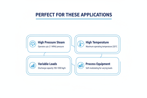 Applications - high pressure steam 2.1 MPaG, high temperature 220°C, variable loads 100-1000 kg/h