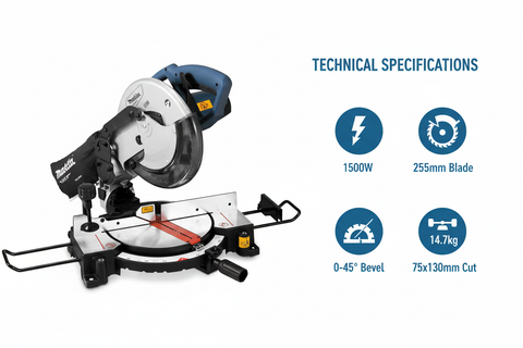 Makita M2300G Technical Specifications - 1500W Power, 4200 RPM, 255mm Blade