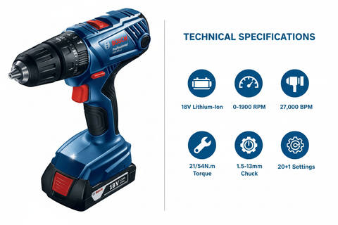 Bosch GSB180-LI Technical Specifications - 18V Power, 54N.m Torque, Percussion