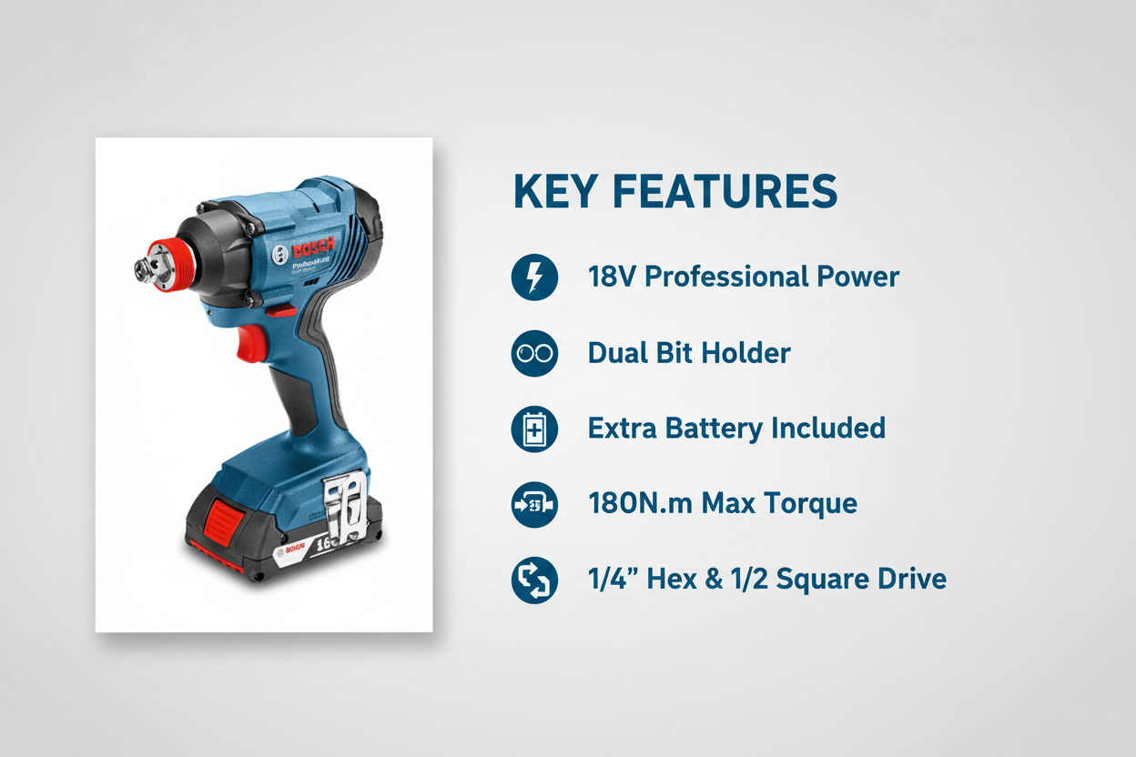 Bosch GDX18V-LI Features & Benefits - Professional Power, Dual Bit Holder, Extra Battery