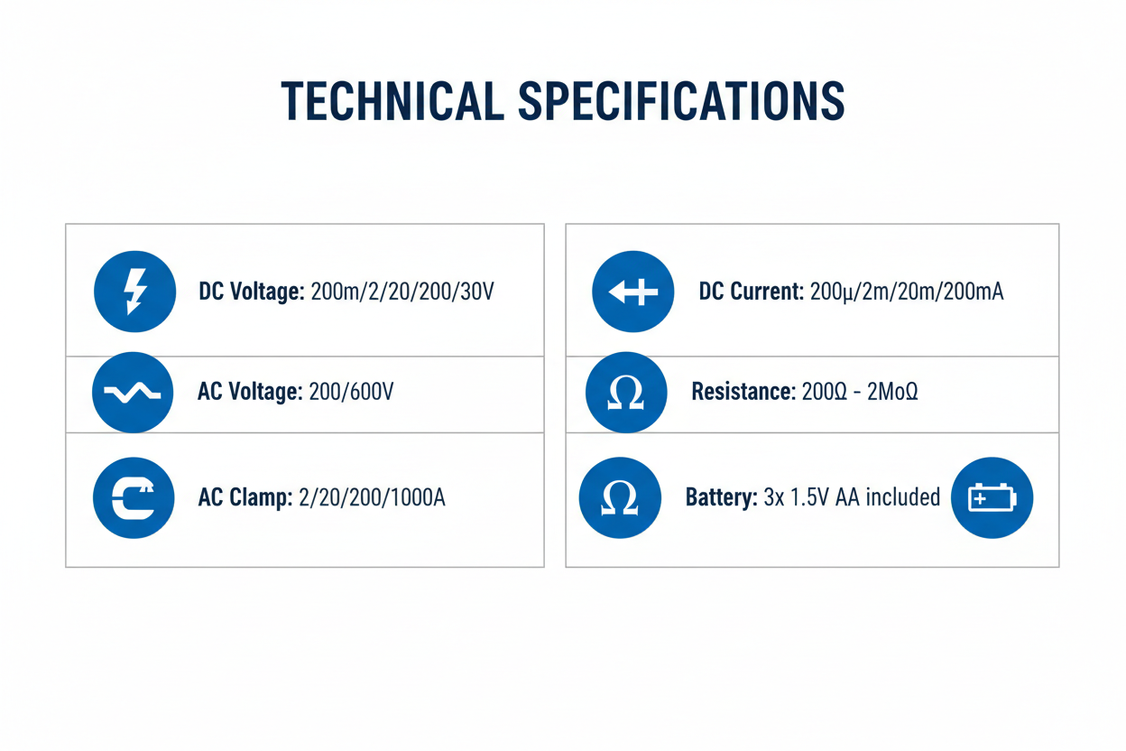 Technical specifications - DC/AC voltage, DC/AC current, 1000A clamp, resistance
