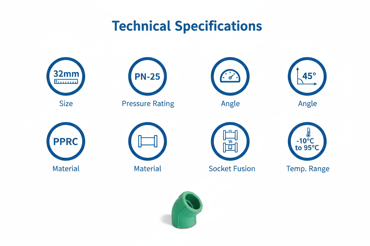 Elbow 45° PPRC PN-25 32mm Technical Specifications