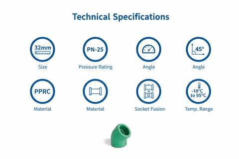 Elbow 45° PPRC PN-25 32mm Technical Specifications
