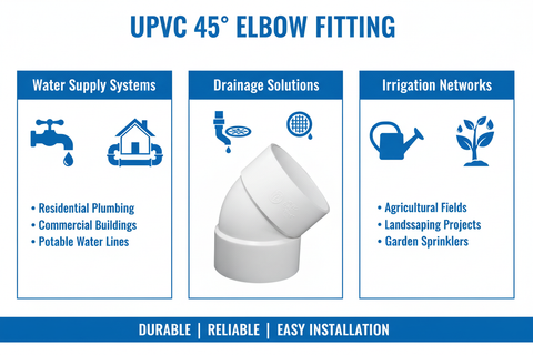 UPVC Elbow 45° Applications - Water Supply, Drainage, Irrigation Systems
