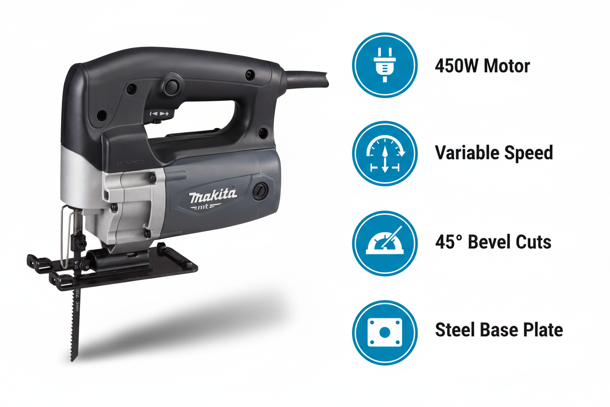 Makita M4302G Features & Benefits - Variable Speed, 45° Bevel, Dust Extraction, Steel Base Plate