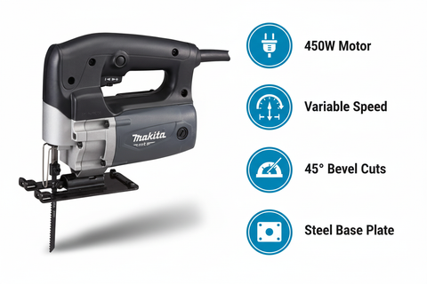 Makita M4302G Features & Benefits - Variable Speed, 45° Bevel, Dust Extraction, Steel Base Plate